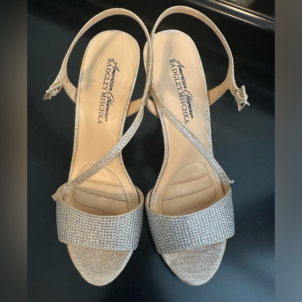 Silver and tan sparkly heels